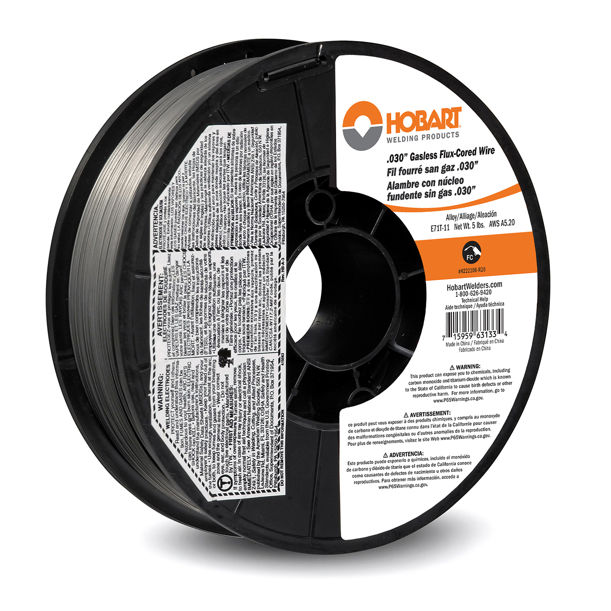 Hobart Flux-Cored Welding Wire, E71T-11 Carbon Steel, .030in., 5-Lb. Spool, Model# H222106-R20